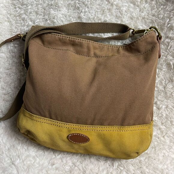 Fossil Brown canvas and yellow mustard suede medium shoulder/crossbody bag . - Picture 1 of 13